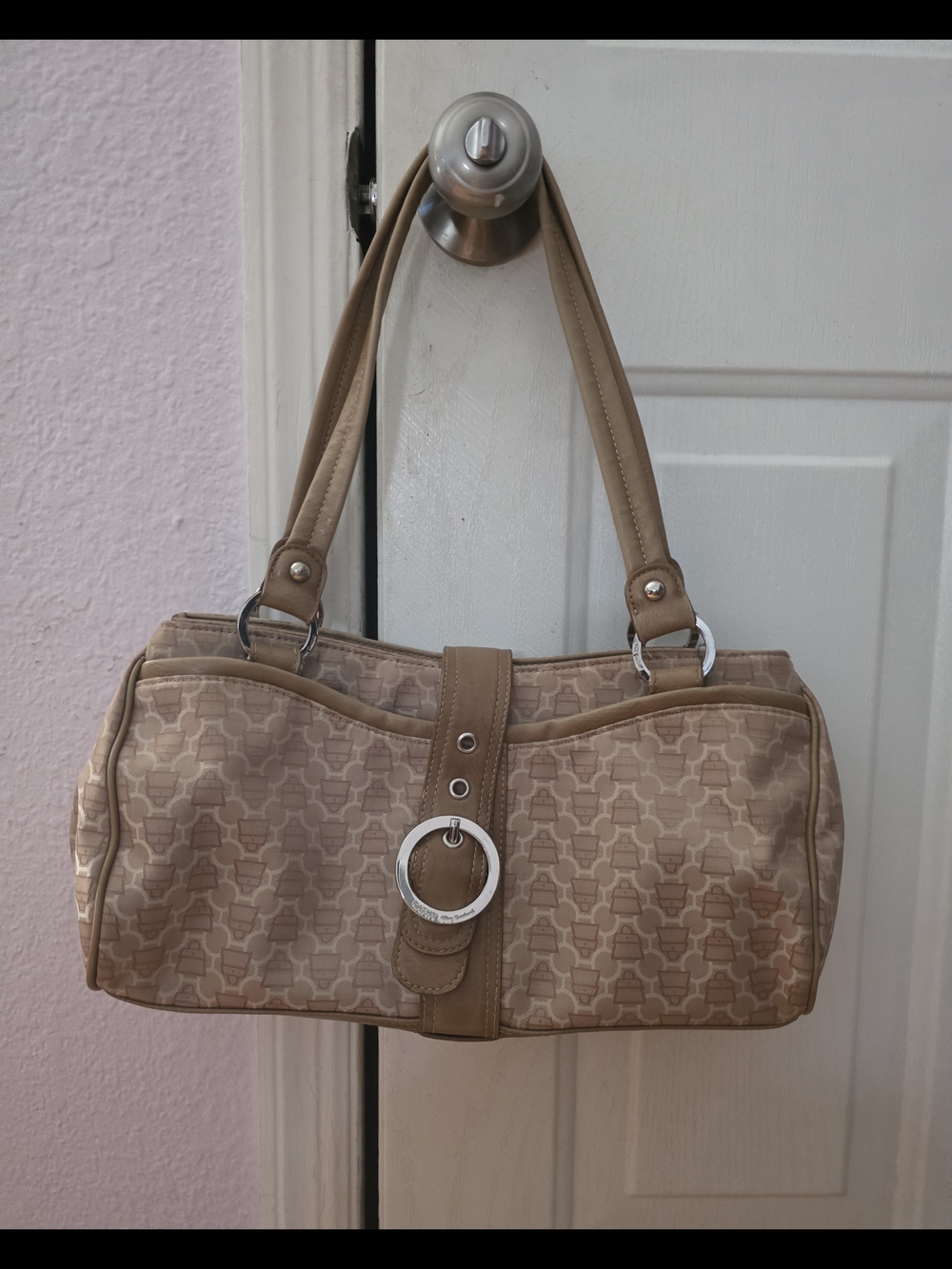 Neutral Beige Satchel Handbag with Silver Ring Detail